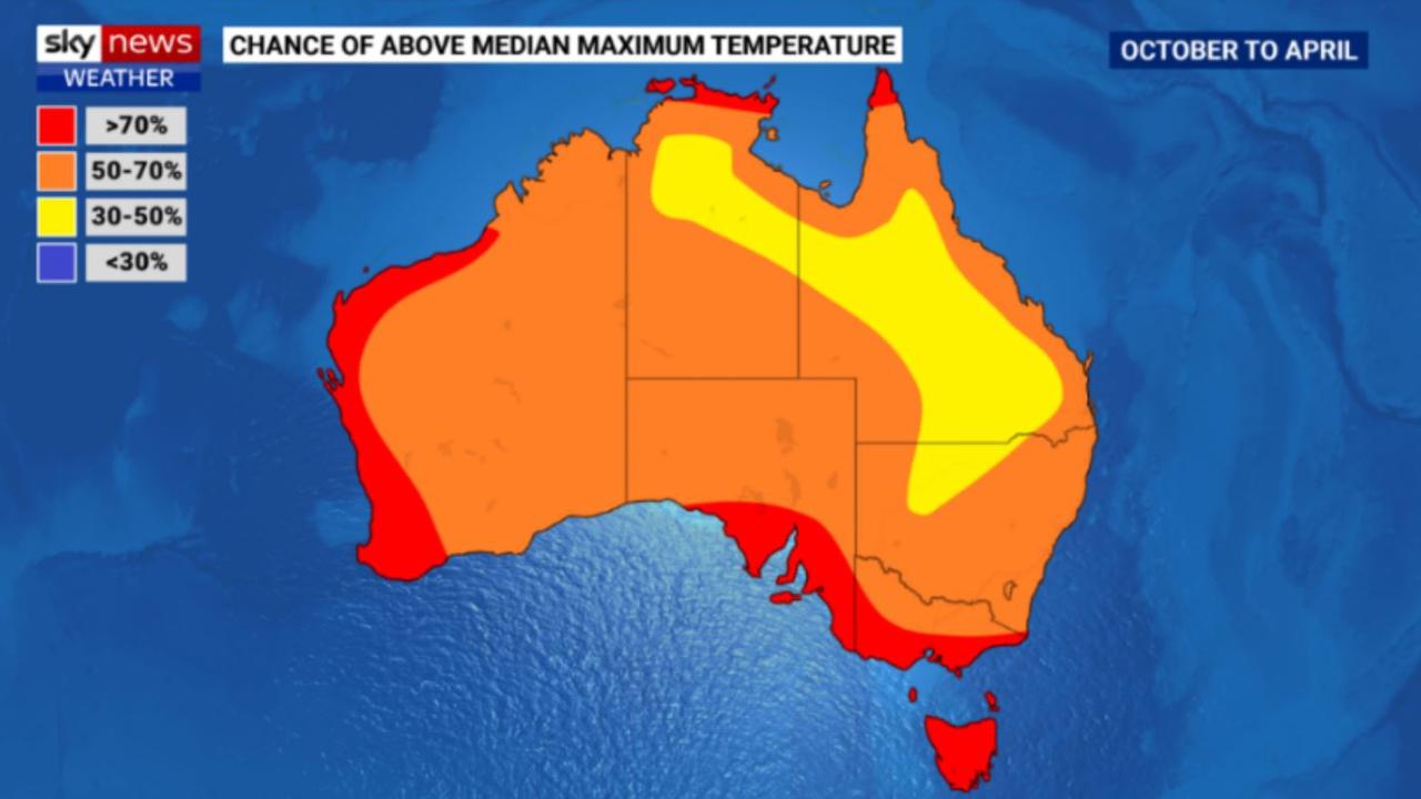 Perth, Adelaide, Darwin, Melbourne and Hobart all face above average maximum temperatures according to the Sky News Weather Severe Weather Outlook for 2024/25. Picture: Sky News