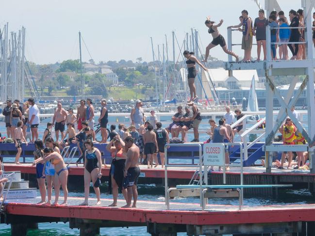 Beachgoers take a plunge at the Geelong waterfront. Picture: Mark Wilson