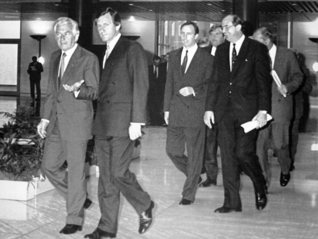 Prime Minister Bob Hawke, Opposition leader John Hewson, Treasurer Paul Keating and Liberal MP Peter Reith at Parliament House in 1990.