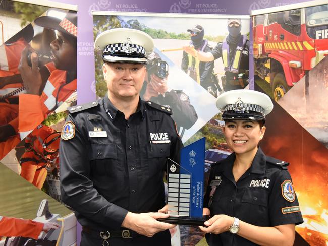 Superintendent Bradley Fox with Police Auxiliary of the Year recipient Terence Obieta. Picture: Sam Lowe