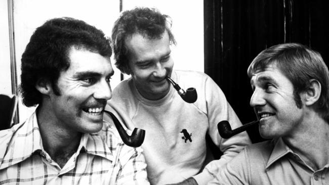 Greg Chappell with Ashley Mallett and Ross Edwards in 1975.