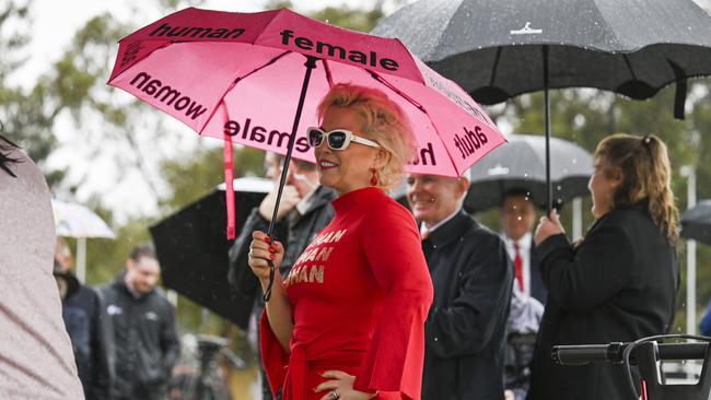 Anti-transgender activist Kellie-Jay Keen-Minshull during a rally in Canberra. Picture: NCA NewsWire / Martin Ollman