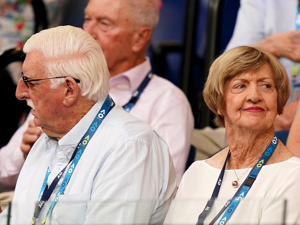 Margaret Court and husband Barry watch =the men's singles semi final between Dominic Thiem and Alexander Zverev