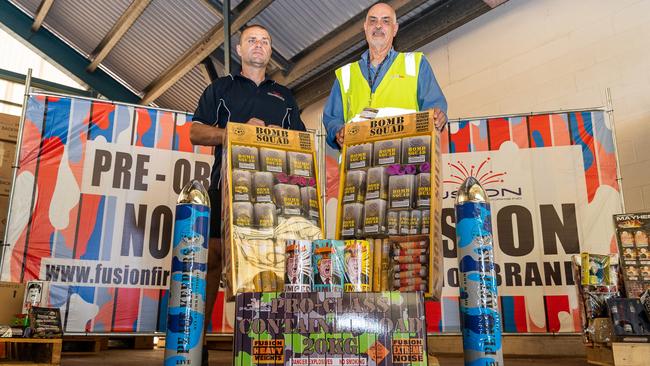 Fusion Fireworks Luke Caridi and NT WorkSafe inspector Robert Fereday ahead of Territory Day. Picture: Pema Tamang Pakhrin