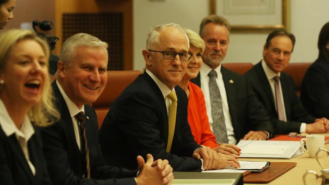 Deputy PM Michael McCormack, PM Malcolm Turnbull and Foreign Affairs Minister Julie Bishop at a Cabinet meeting at Parliament House in Canberra. Picture: Kym Smith