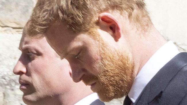 WINDSOR, ENGLAND - APRIL 17: Prince William, Duke of Cambridge and Prince Harry, Duke of Sussex take part in the Ceremonial Procession during the funeral of Prince Philip, Duke of Edinburgh at Windsor Castle on April 17, 2021 in Windsor, England. Prince Philip of Greece and Denmark was born 10 June 1921, in Greece. He served in the British Royal Navy and fought in WWII. He married the then Princess Elizabeth on 20 November 1947 and was created Duke of Edinburgh, Earl of Merioneth, and Baron Greenwich by King VI. He served as Prince Consort to Queen Elizabeth II until his death on April 9 2021, months short of his 100th birthday. His funeral takes place today at Windsor Castle with only 30 guests invited due to Coronavirus pandemic restrictions. (Photo by Ian Vogler-WPA Pool/Getty Images)
