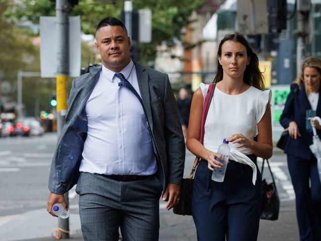 Former NRL star, Jarryd Hayne arrives at Downing Centre on Monday with his partner and legal team. Picture: NCA NewsWire / David Swift