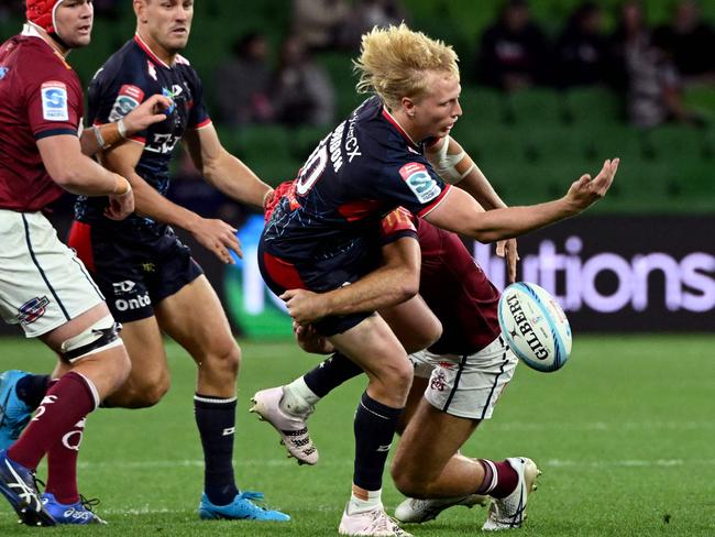 Rebels' Carter Gordon tackled during the Super Rugby match between the Melbourne Rebels and the Queensland Reds last year.