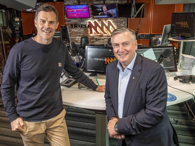 Luke Darcy and Eddie McGuire co-hosted Hot Breakfast on Tripe M for 11 years. Picture: Tim Carrafa