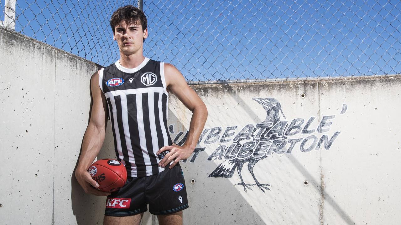 Port Adelaide were allowed to wear their traditional prison bar guernsey for the 2023 Showdown. Picture: Simon Cross