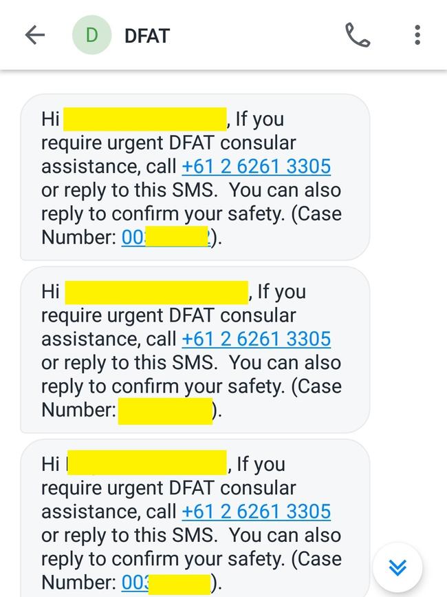 Text messages sent to DFAT requesting urgent help.