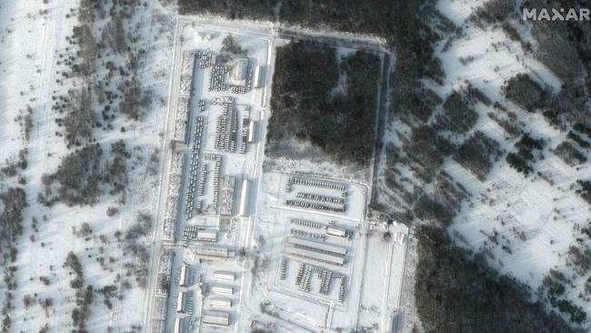 Satellite image shows equipment deployed to Klimovo, in Bryansk Oblast, 13 kilometres north of the Russia/Ukraine border. Picture: AFP.