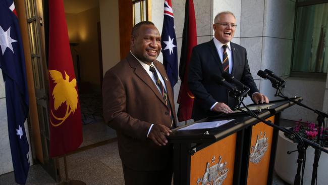 Prime Minister Scott Morrison with the Prime Minister of Papua New Guinea, James Marape, during a joint press conference at Parliament House in Canberra. Picture: Gary Ramage