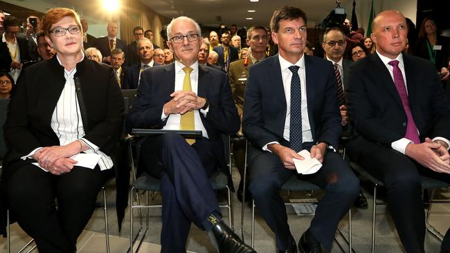 Minister for Defence Marise Payne, Prime Minister Malcolm Turnbull, Minister for Cyber Security Angus Taylor and Minister for Home Affairs Peter Dutton. Picture Kym Smith