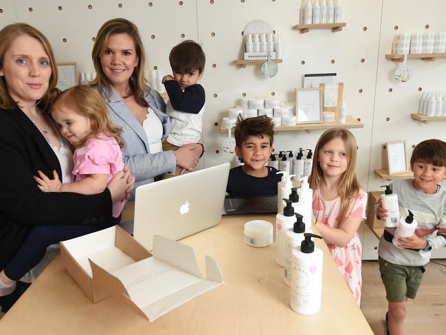 Carly Pountney, Cassie Sanghvi and their kids, Amelie Pountney, Zoe Pountney, Kaeleb Sanghvi, Beau Sanghvi and Teddy Sanghvi. Picture: Tony Gough