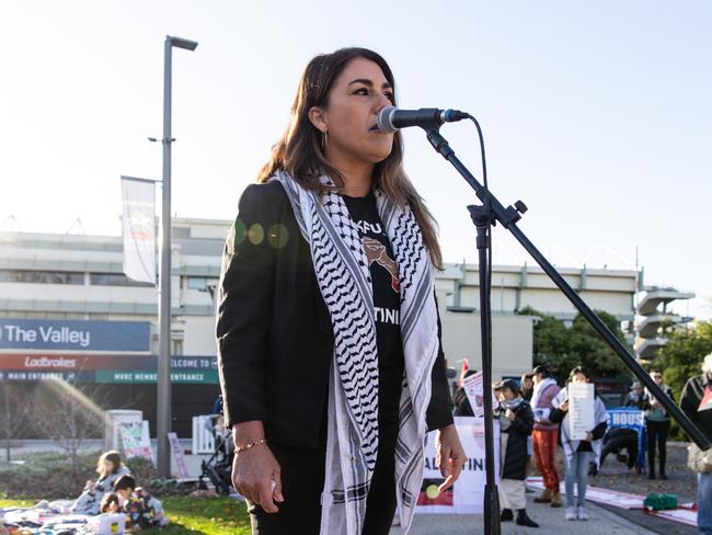 Lidia Thorpe speaks at the pro-Palestine rally outside the Mooney Valley Racecourse. Picture: Diego Fedele