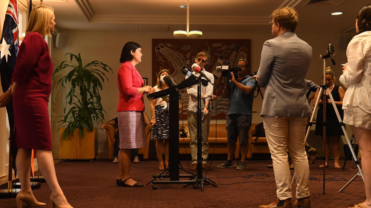 Newly appointed Chief Minister Natasha Fyles addresses media with Deputy Chief Minister Nicole Manison. Picture: (A)manda Parkinson