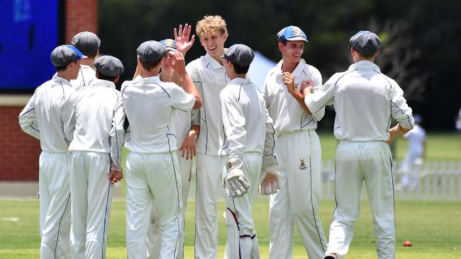 Churchie celebrate a wicket GPS First XI cricket between Churchie and Brisbane State High Saturday