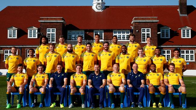 LONDON, ENGLAND - OCTOBER 01: The Australia team named to face England in the 2015 Rugby World Cup Pool A match pose for a group photo with coaching staff following a training session at Dulwich College on October 1, 2015 in London, United Kingdom. (Photo by Dan Mullan/Getty Images)