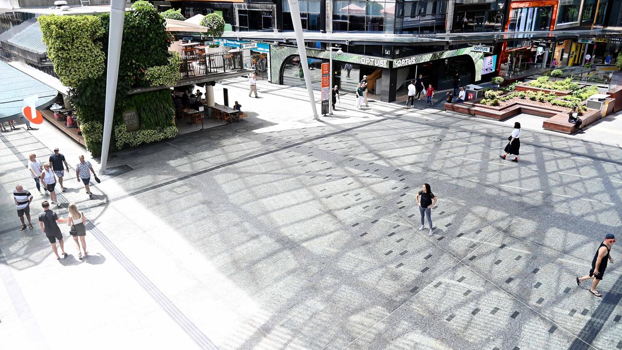 Brisbane’s CBD centre at Queen Street Mall at noon on Friday March 8, 2024. Picture: John Gass