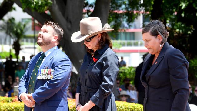 Townsville Remembrance Day Service at Anzac Park 2024. Herbert MP Phillip Thompson, Senator Susan McDonald and Mundingburra MP Janelle Poole. Picture: Evan Morgan