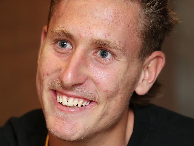 HOLD FOR HERALD SUN FRI 12 APRIL Western Bulldogs footballer  Aaron Naughton 19yrs is pictured during his interview with Chief Football writer Mark Robinson. Picture : Ian Currie