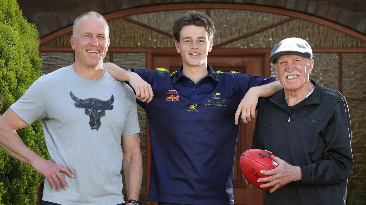 Top SA prospects Mattaes Phillipou, with his dad, Sam, and grandfather, Peter. Picture Dean Martin