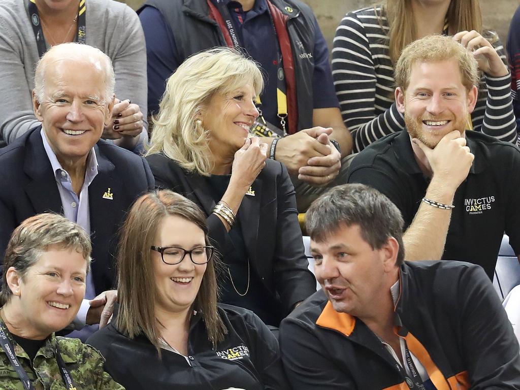 Prince Harry, Joe Biden and Jill Biden at the Wheelchair Basketball Finals during the Invictus Games 2017 at Mattamy Athletic Centre on September 30, 2017 in Toronto, Canada. Picture: Chris Jackson/Getty Images for the Invictus Games Foundation