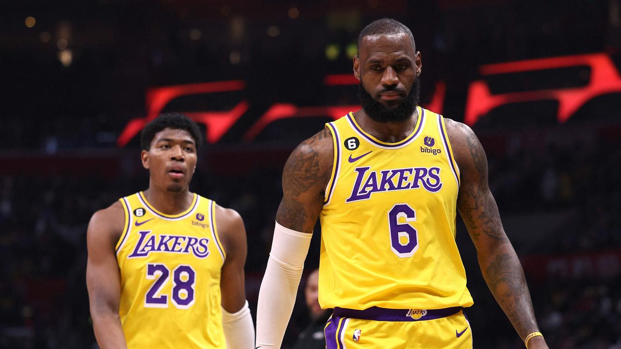 LOS ANGELES, CALIFORNIA - APRIL 05: LeBron James #6 of the Los Angeles Lakers and Rui Hachimura #28 react as they walk up court during the first half against the LA Clippers at Crypto.com Arena on April 05, 2023 in Los Angeles, California. NOTE TO USER: User expressly acknowledges and agrees that, by downloading and or using this photograph, User is consenting to the terms and conditions of the Getty Images License Agreement. Harry How/Getty Images/AFP (Photo by Harry How / GETTY IMAGES NORTH AMERICA / Getty Images via AFP)