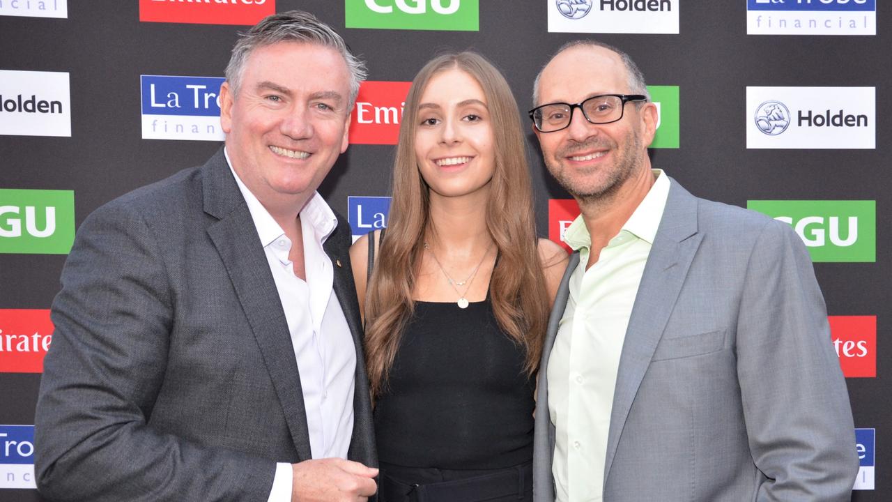 Eddie McGuire, Milly Waislitz and Alex Waislitz attend the Collingwood Football and Netball Club 2019 season launch at The Aviary at Crown on Wednesday, March 13, 2019. Picture: Fiona Byrne