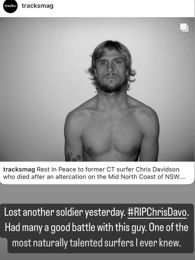 Pro surfer Kelly Slater paid tribute to Chris Davidson, a fellow surfer, in an Instagram story.