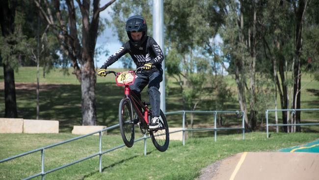 Riders finished with some fun jumping at the Ipswich BMX day camp. Picture: Gary Reid