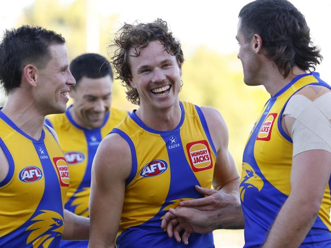 PERTH, AUSTRALIA - MARCH 01: Jayden Hunt of the Eagles shares a laugh after the win during the 2025 AAMI AFL Community Series match between West Coast Eagles and North Melbourne Kangaroos at Hands Oval on March 01, 2025 in Bunbury, Australia. (Photo by James Worsfold/Getty Images)