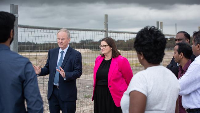 Pics by Julian Andrews. Education Minister Sarah Mitchell and local MP Kevin Connolly with local parents at a new school site in Nirimba Fields, in Sydney's western suburbs.