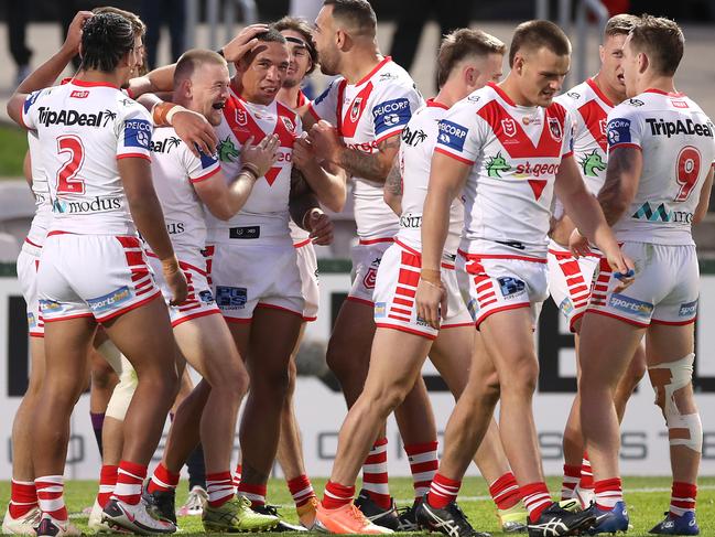 Tyson Frizell of the Dragons is congratulated by teammates after scoring a try. Picture: Mark Kolbe/Getty Images