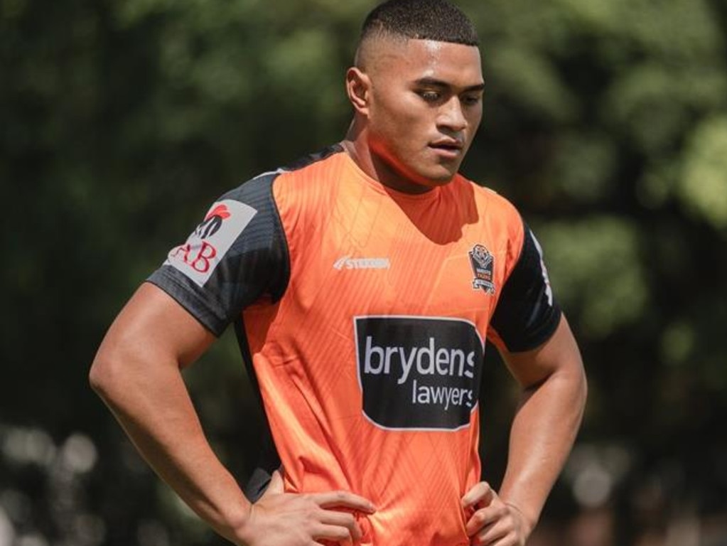 Former Manly youngster Samuela Fainu during his first training session at Tigers training. Picture: Tigers