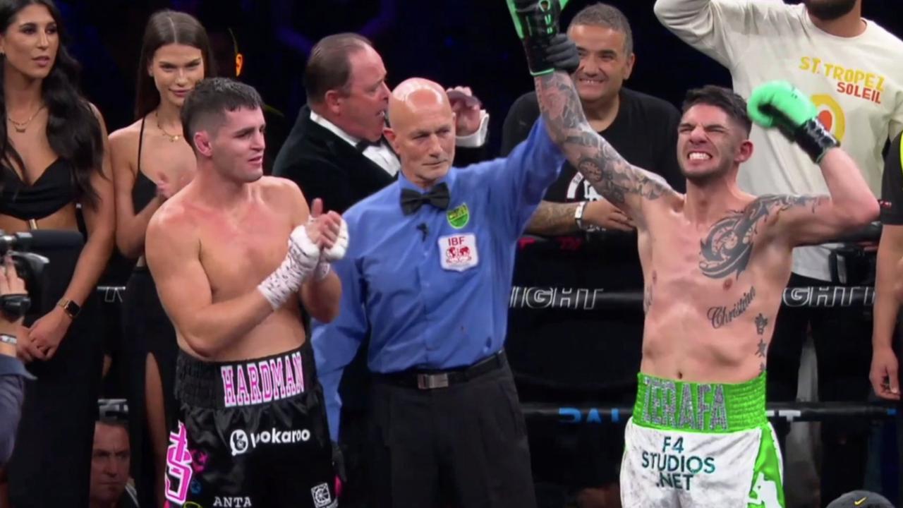 Michael Zerafa celebrates his win over Issac Hardman at Melbourne Convention Centre