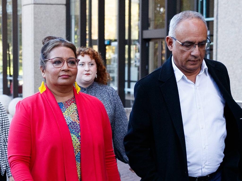 Senator Mehreen Faruqi and her husband Omar Faruqi leave the Federal Court during her racial discrimination trial against Pauline Hanson on Thursday. Picture: NCA NewsWire / Max Mason-Hubers