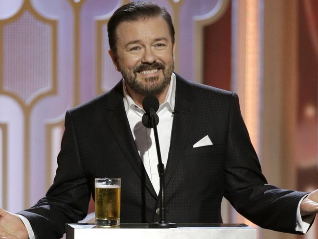 BEVERLY HILLS, CA - JANUARY 10: In this handout photo provided by NBCUniversal, Host Ricky Gervais speaks onstage during the 73rd Annual Golden Globe Awards at The Beverly Hilton Hotel on January 10, 2016 in Beverly Hills, California. (Photo by Paul Drinkwater/NBCUniversal via Getty Images)