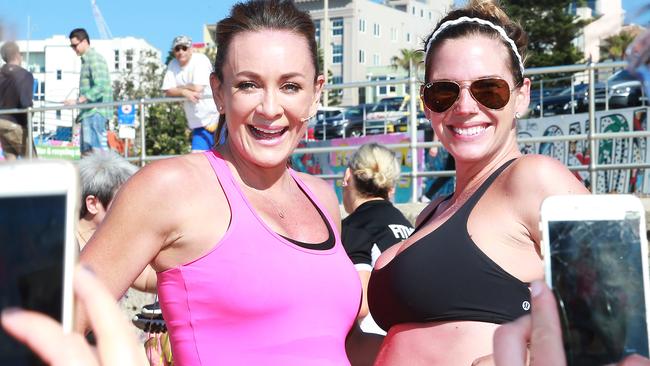 Guinness World Record Largest Fit Ball Class with Michelle Bridges at Bondi Beach. Michelle pictured with another mum to be, Bree Fennell, from Bondi. Picture: DYLAN ROBINSON