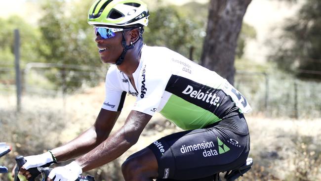 CYCLING - TOUR DOWN UNDER - STAGE 1 - Port Adelaide to Lyndoch. Dimension Data Nicholas Dlamin taking the Subaru King of the Mountain jersey. Picture Sarah Reed