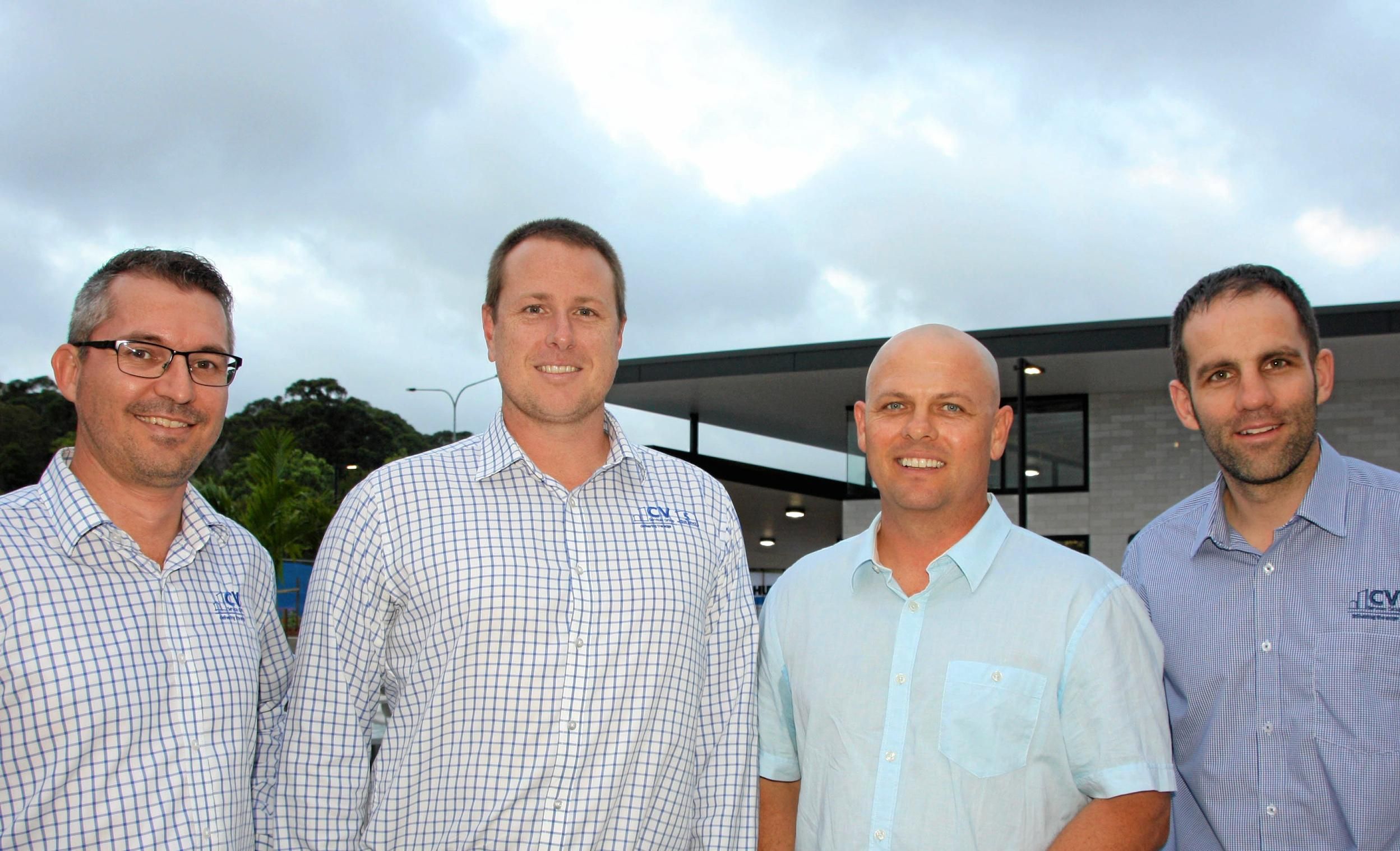 ?Steve Warne and Greg Woodward of CV Electrical with Steve Hodgins of Hitchinson Builders and CV's Gary McCormick at the new Youi headquarters, Sippy Downs. Picture: Erle Levey