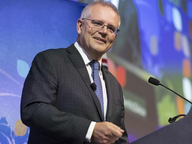 PERTH, AUSTRALIA - JUNE 09: Prime Minister Scott Morrison delivers a keynote address during a luncheon at the Perth USAsia Centre on June 9, 2021 in Perth, Australia. Morrison gave the keynote address, ahead of the G7 Summit. (Photo by Matt Jelonek/Getty Images)