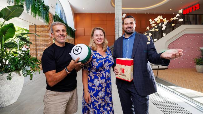 General Public Founder Harry Kourbeis, Ipswich Mayor Teresa Harding and HOYTS Ipswich Location Manager Luke Ormsby inside a new venue that will open on Friday. Picture: Josh Woning