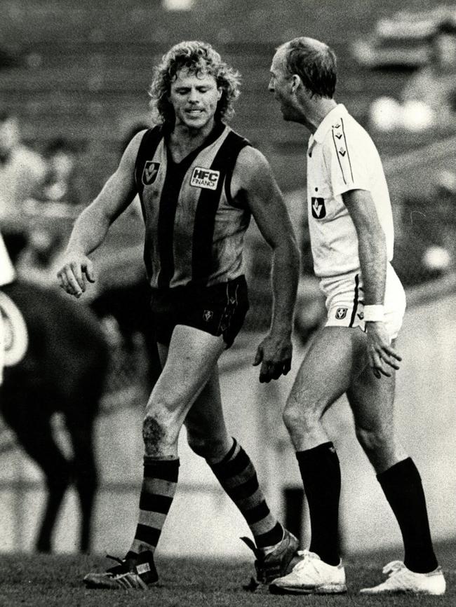 Hawthorn star Dermott Brereton argues with field umpire Ian Clayton after a free kick was awarded against him in the match between Hawthorn and Essendon at VFL park. 