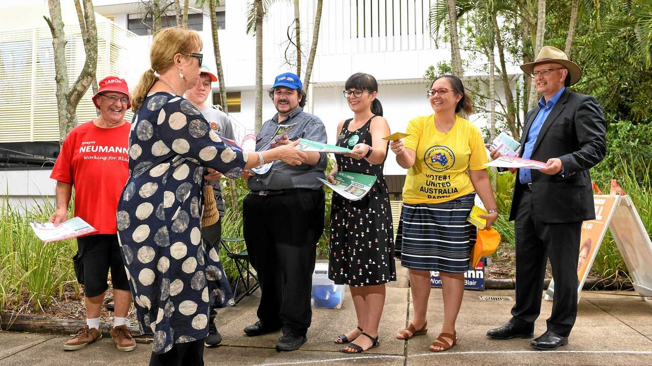 Voters arrive to vote at the pre-polling booth at the Humantiies Centre in Ipswich on Monday. Picture: Rob Williams