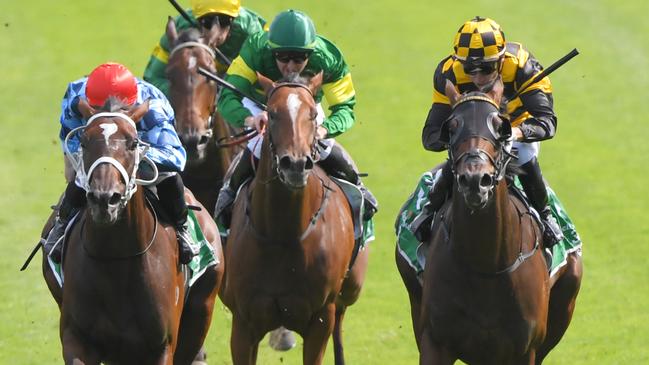 Probabeel (right) edged out Funstar to win the Surround Stakes. Picture: AAP