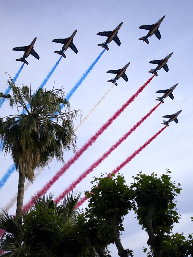 French Alpha Jets Patrouille de France flew over the premiere of Top Gun: Maverick in 2022. Picture: AP Photo/Daniel Cole