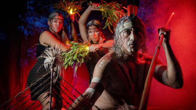 Yabarra: Dreaming in Light installation atTandanya National Aboriginal Cultural Institute, Karl Winda Telfer, Senior Custodian, with daughters Jakirah & Tikana Telfer from Yellaka, photographed Tuesday February 11, 2020 - pic AAP/MIKE BURTON