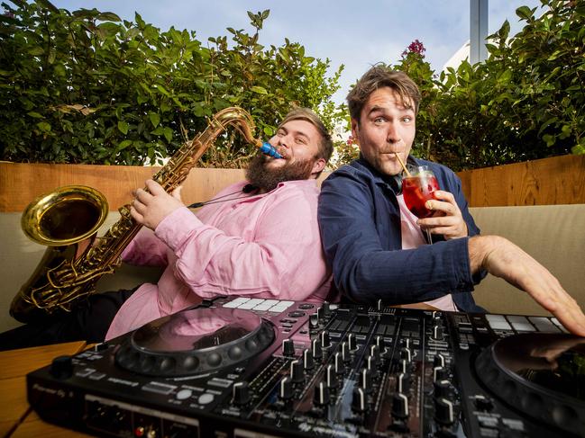 Saxophonist Gus Leighton and DJ Hugo Bladel at Botanica Bar, Salamanca excited about this years New Years Eve festival "Hobart Summer". Picture: Richard Jupe